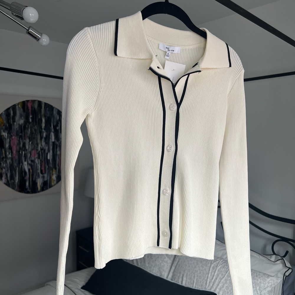Cream Ribbed Cardigan with Black Trim